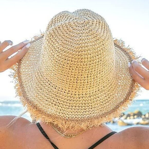 Womens Straw Hat Beach Sun Hat Frayed Crochet Foldable Straw Bucket Hat Summer F - Picture 3 of 7